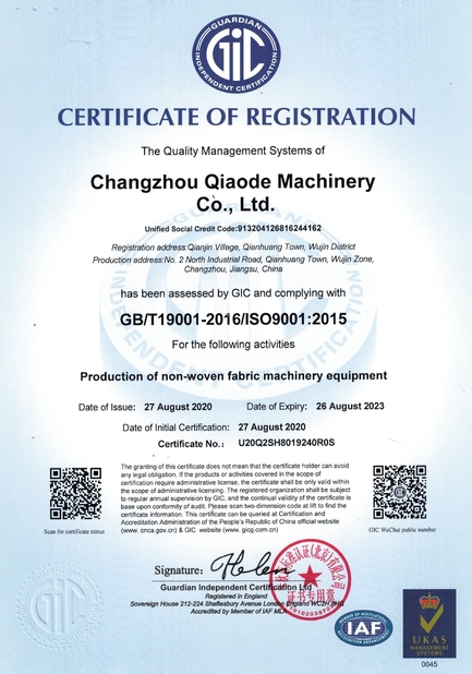 China Changzhou Qiaode Machinery Co., Ltd. certification